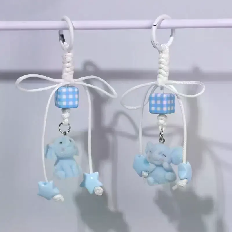 Light Blue Flocked Elephant Keychain Pendant Cartoon Bow Animal Keyring Bag Pendant Key Holder Best Friend Gifts