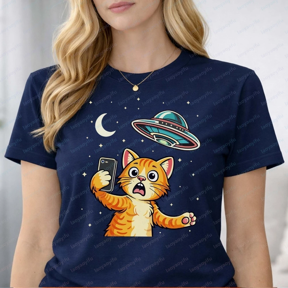 UFO Cat Alien Abduction Meme Funny Graphic Printed Tshirt Casual Fashion Summer Harajuku Women Streetwear Cotton Soft Man Tees