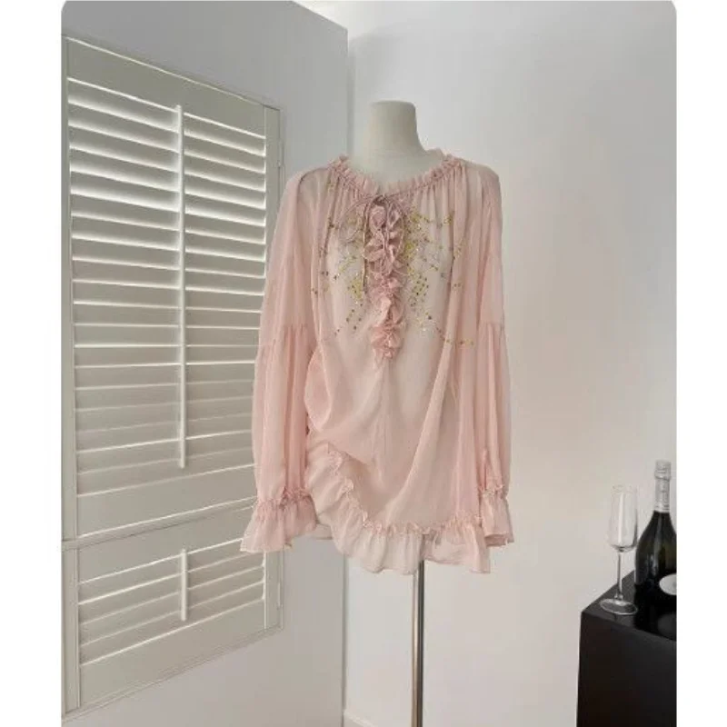 

Romantic, ruffled, heavily embellished, court-style blouse for women, early autumn new design, loose fit, slimming top.