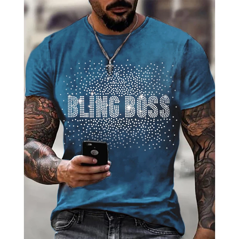 Men\'s Clothing High Quality Fashion Oversized Tee y2k Boss Rhinestone Designer Short Sleeve Top Party Casual Street T-Shirts New