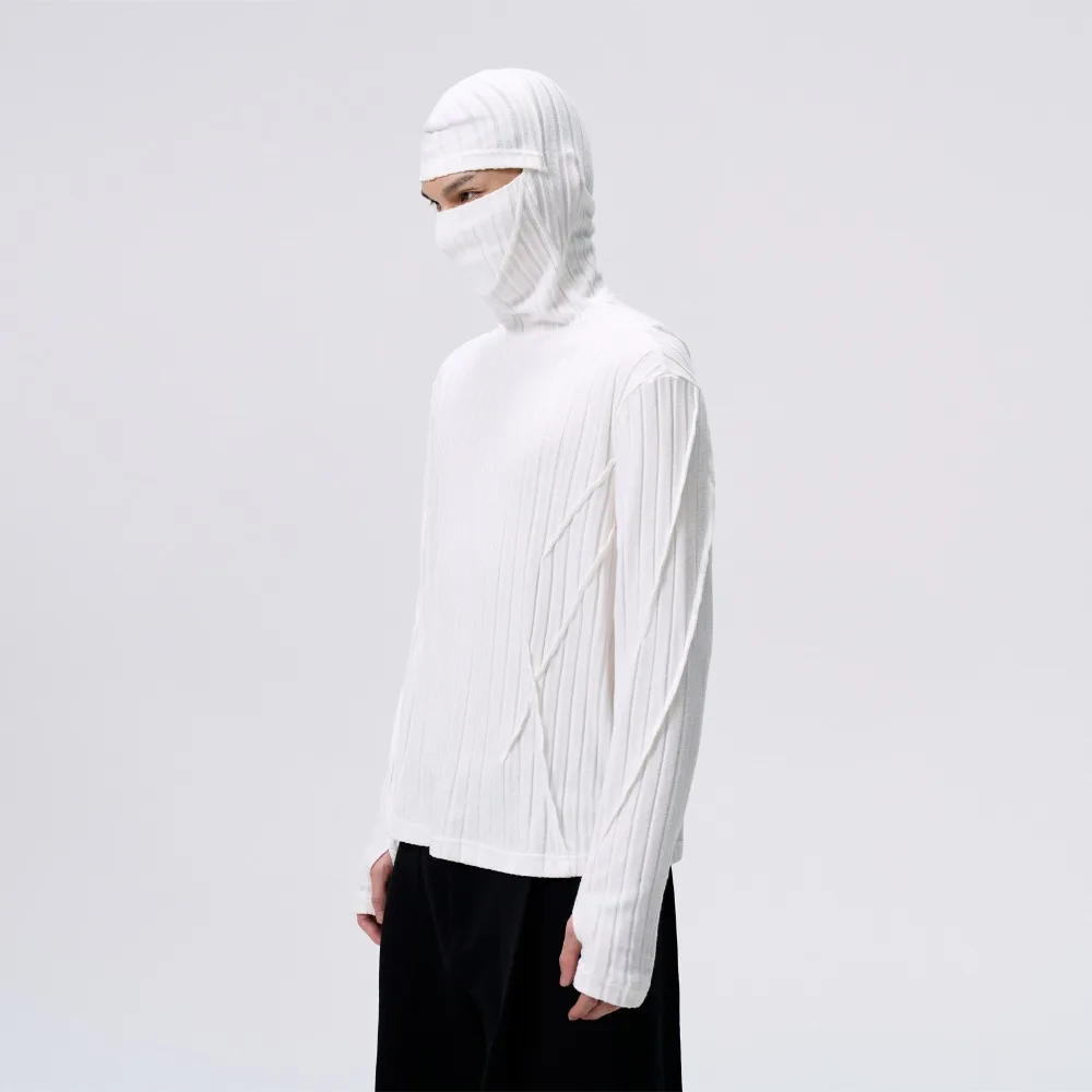 High Street Tees Hooded Face Mask T-shirt Men's Pullover Pioneer Vertical Stripe Velvet Feeling Autumn Knitted Base Tshirt Tops