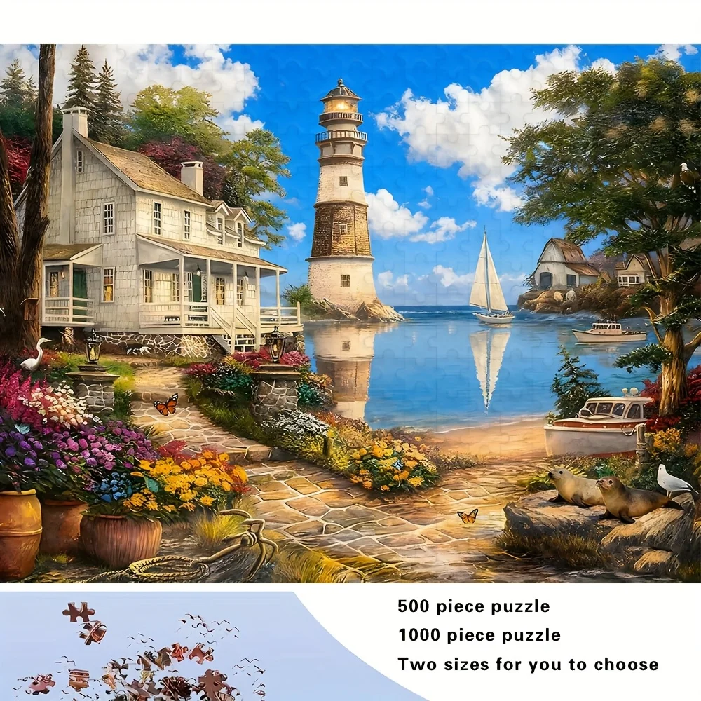 

Большая головоломка для взрослых, 500/1000 шт., сложный 5D-маяк и сцена прибрежного города с парусными лодками, маяком и домом — высокое качество