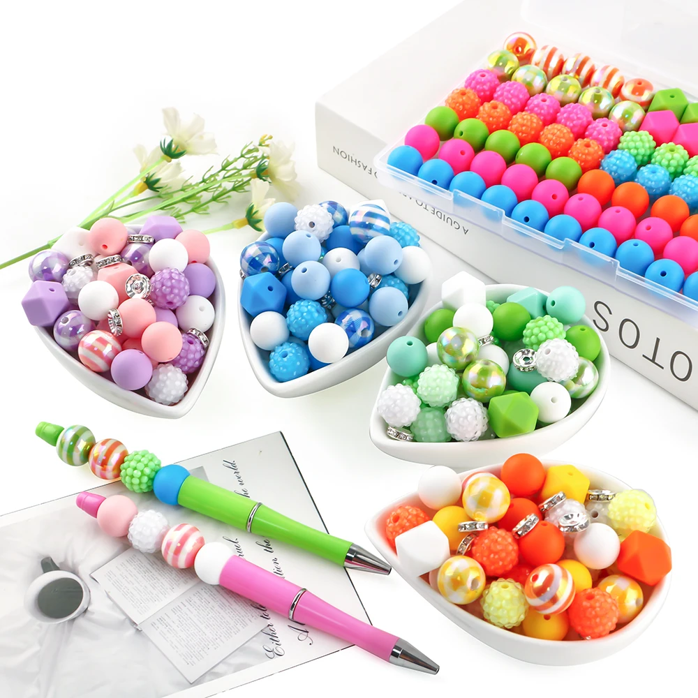 

Kovict 78Pcs/Box Silicone Beads Loose Print Acrylic Beads DIY Bracelets KeyChain Pen Handmade Accessories ﻿For Jewelry Making