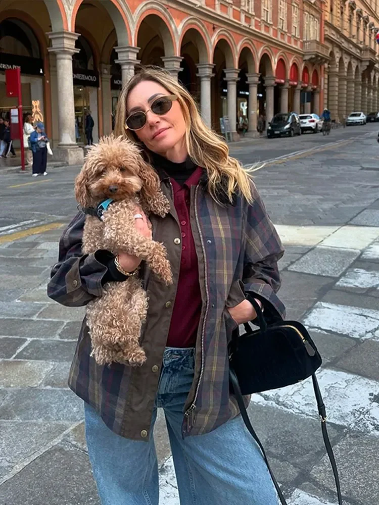 Casual Plaid Patchwork Women Jacket Full Sleeve Zipper Pocket Female Coat 2026 New Spring Lapel Single Breasted Lady Outerwears
