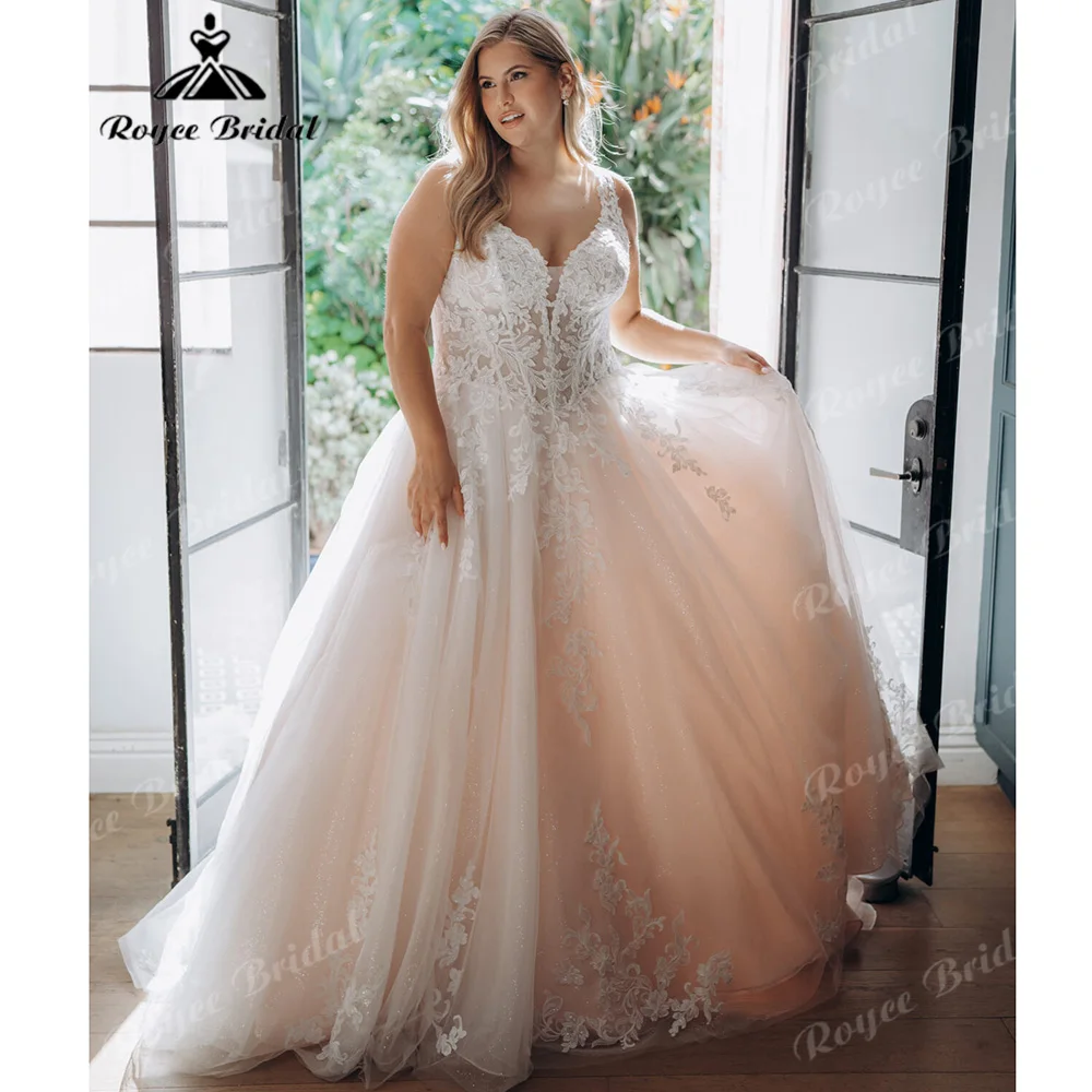 Plus Size Floral Glitter Lace Wedding Dress Deep V Sheer Corset Low Back Sparkle Tulle Bridal Gown Garden Wedding Customized
