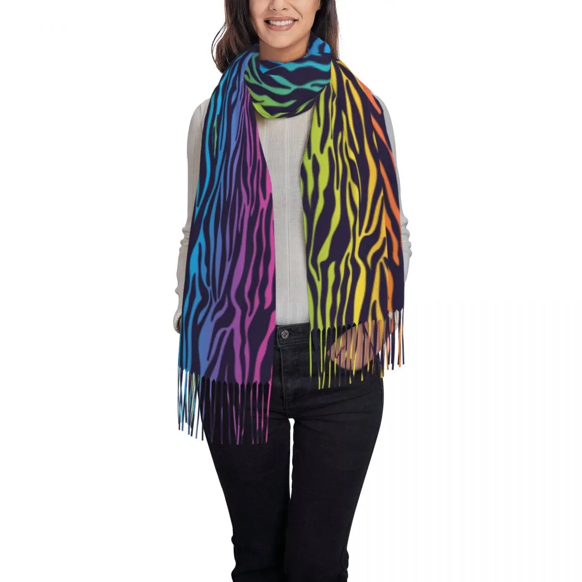 Яркий Радужный шарф с градиентом в полоску зебры, шарфы с кисточками, женские мягкие теплые шали и накидки, длинная осенне-зимняя шаль