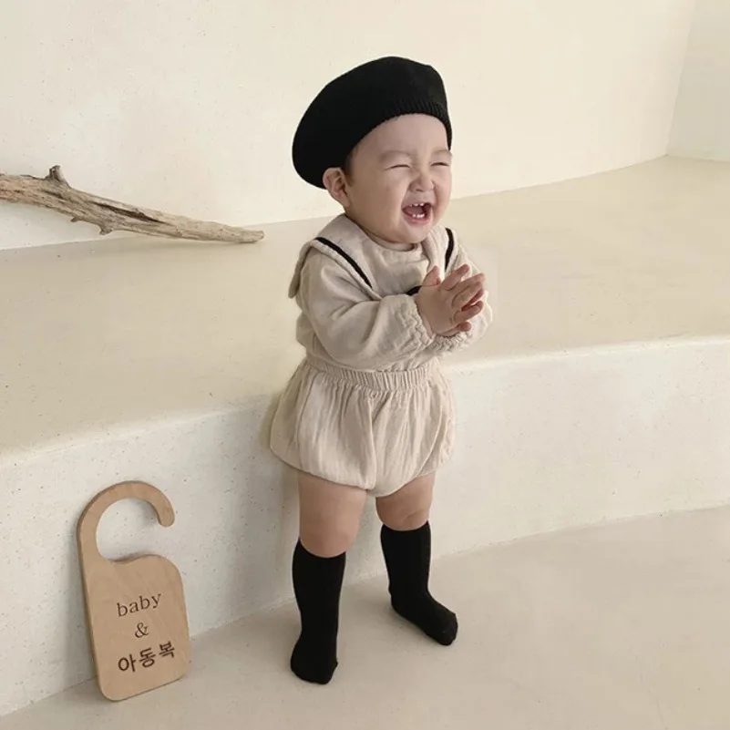 2026 Spring New Baby Long Sleeve Clothes Set Solid Girls Sailor Collar Tops + Pp Shorts 2pcs Suit Infant Toddler Cotton Outfits