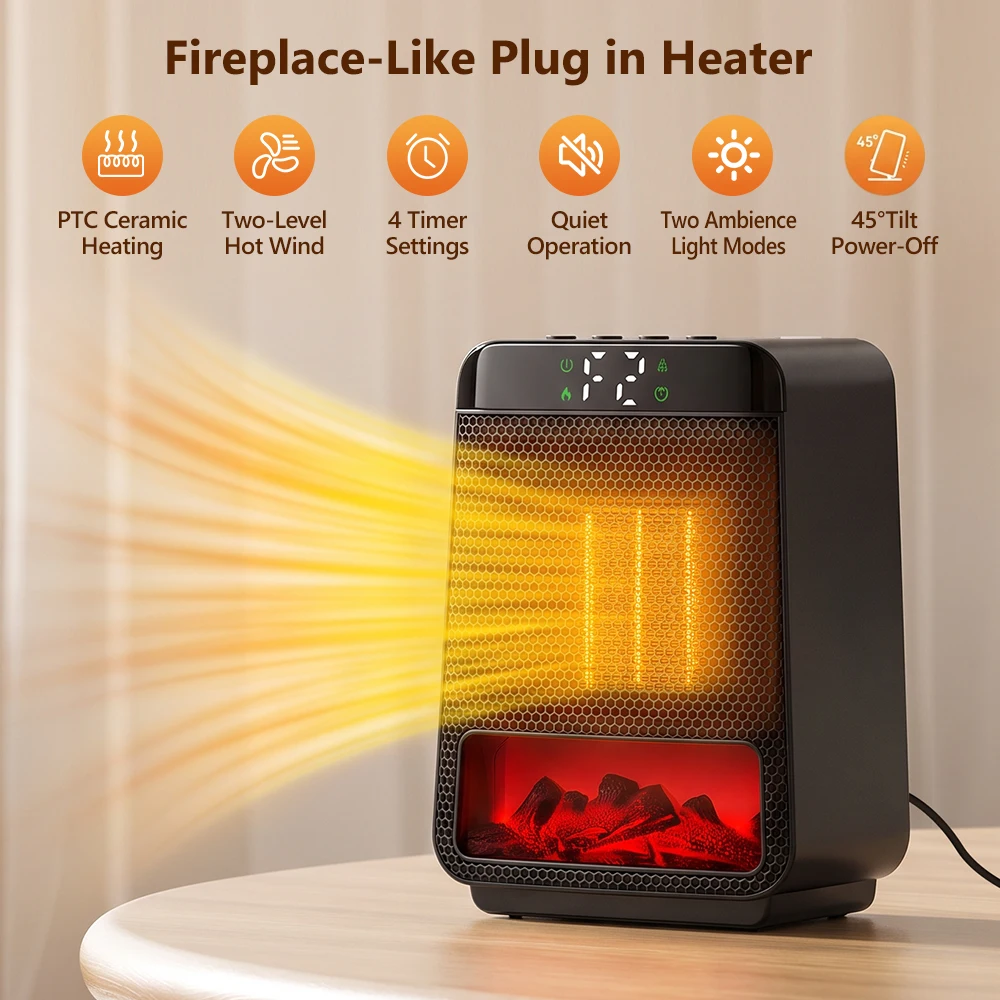 1000W Mini Portable Electric Flame Heater Smart Desktop Hot Air Blower for Home Bedroom Office Winter Warmer