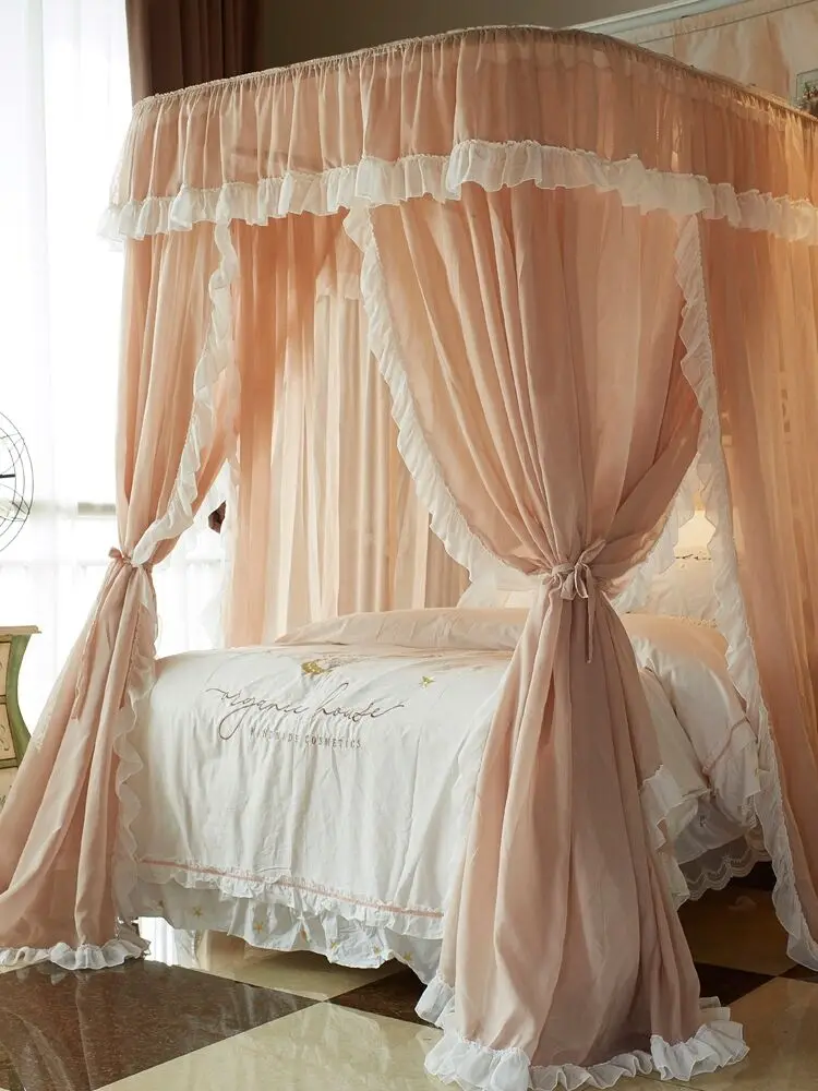 Nostalgia Linen Princess Bed Valance Bed Curtain U- Shape Rail Three Doors Mosquito Net Double Bed Mantle Bedroom Decoration