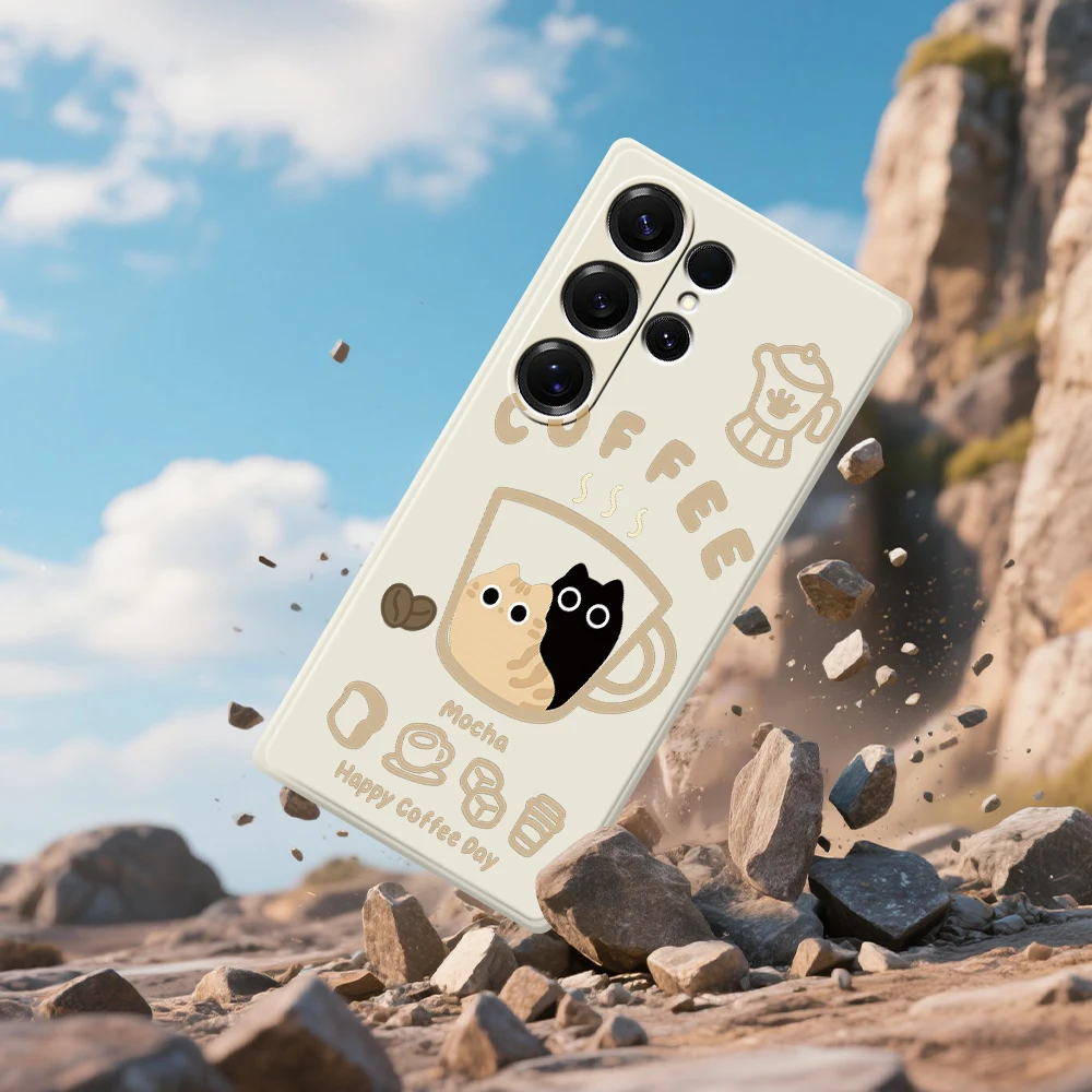 القط القهوة نمط قضية الهاتف لسامسونج غالاكسي A56 A32 A23 A22 5G A32 A23 4G A55 A54 A53 A52 A51 A35 A34 A31 A25 A24 غطاء ناعم