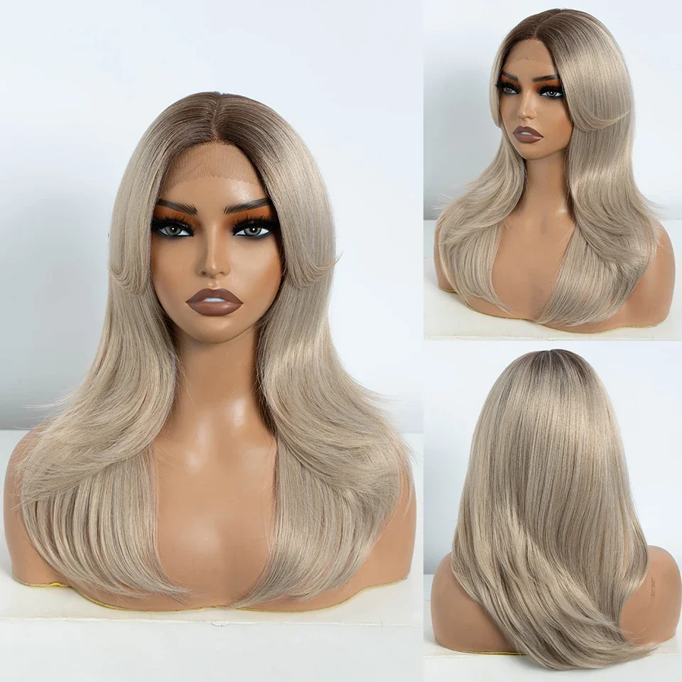 VRIJHEID Rechte Synthetische Lace Front Pruiken Voor Zwarte Vrouwen Ombre Blond Bruin Kant Pruik 20 Inch Pruik Met Pony Cosplay Kant Pruik