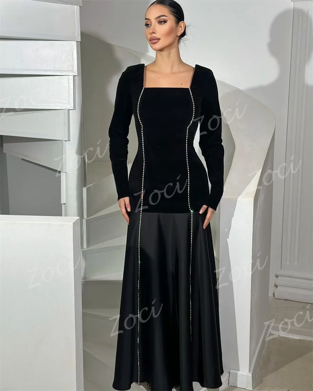 Zoci-vestidos de fiesta negros con cuello cuadrado, vestido de noche de manga larga con cuentas de satén, vestido Formal personalizado para ocasión de fiesta saudí