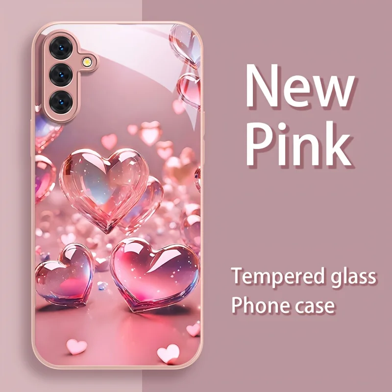 Pink heart-shaped patterned glass phone case suitable for Samsung Galaxy S26 S25 S24 S23 S22 S20 FE/Ultra/Plus hard case