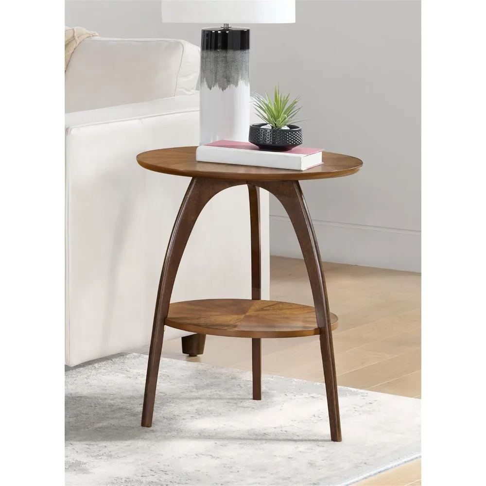 Home LAX Retro Mid-Century Modern Round Wood End Table, Solid Grain Side Table with Lower Shelf, Small Accent Table