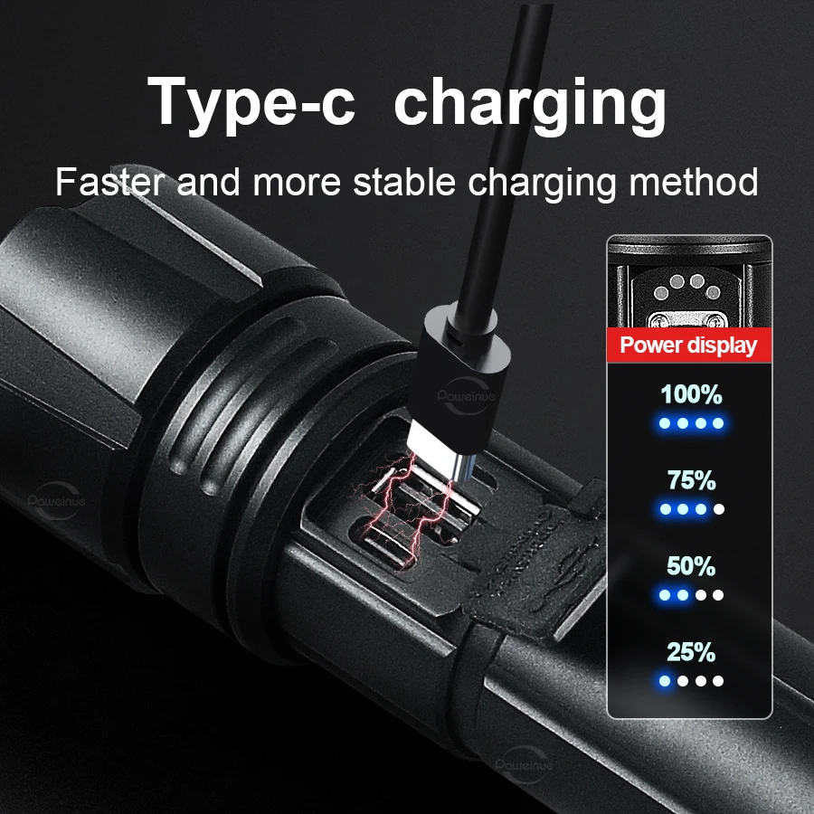 Most Powerful LED Flashlight Strong Light Tactical Torch Outdoor Waterproof Camping Hiking Lantern  USB Rechargeable lamp