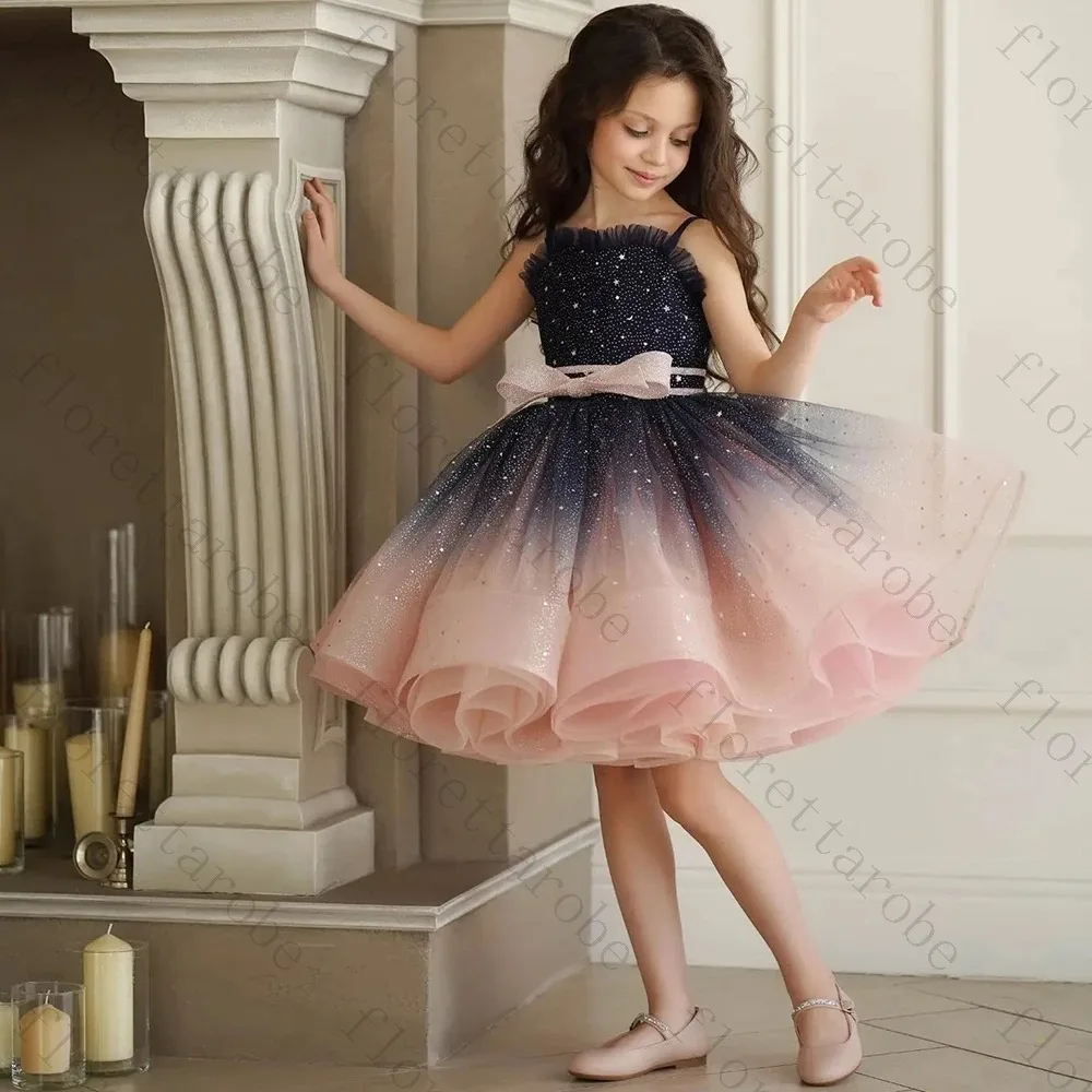 Customized Gradient Flower Girl Dress Ball Gown Knee Length Spaghetti Strap Sleeveless Sequin Bow Wedding Birthday Party Gown