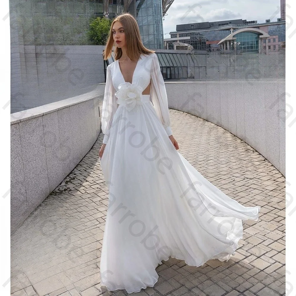 Customized Minimalist Boho Chiffon A Line Wedding Dress Deep V Neck Long Sleeve 3D Flower Waist Cutout Bridal Gown 2026 Beach