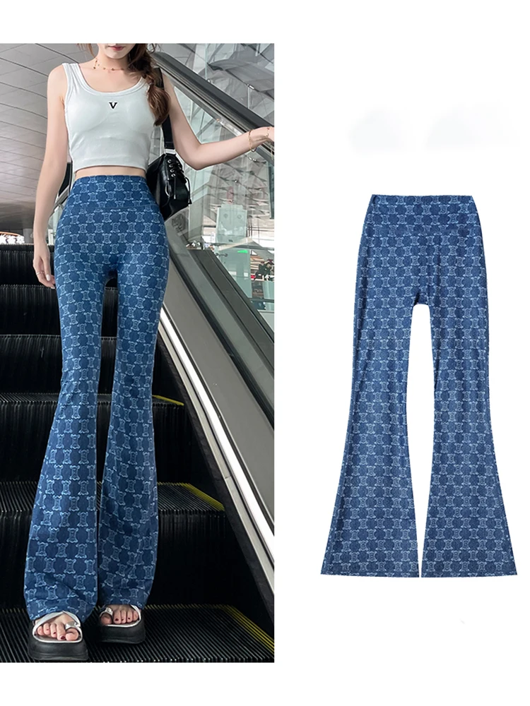 Y2K Printed Imitation Denim Pants Women High Waisted Hip Lifting Casual Sports Micro Flared Yoga Flared Pants
