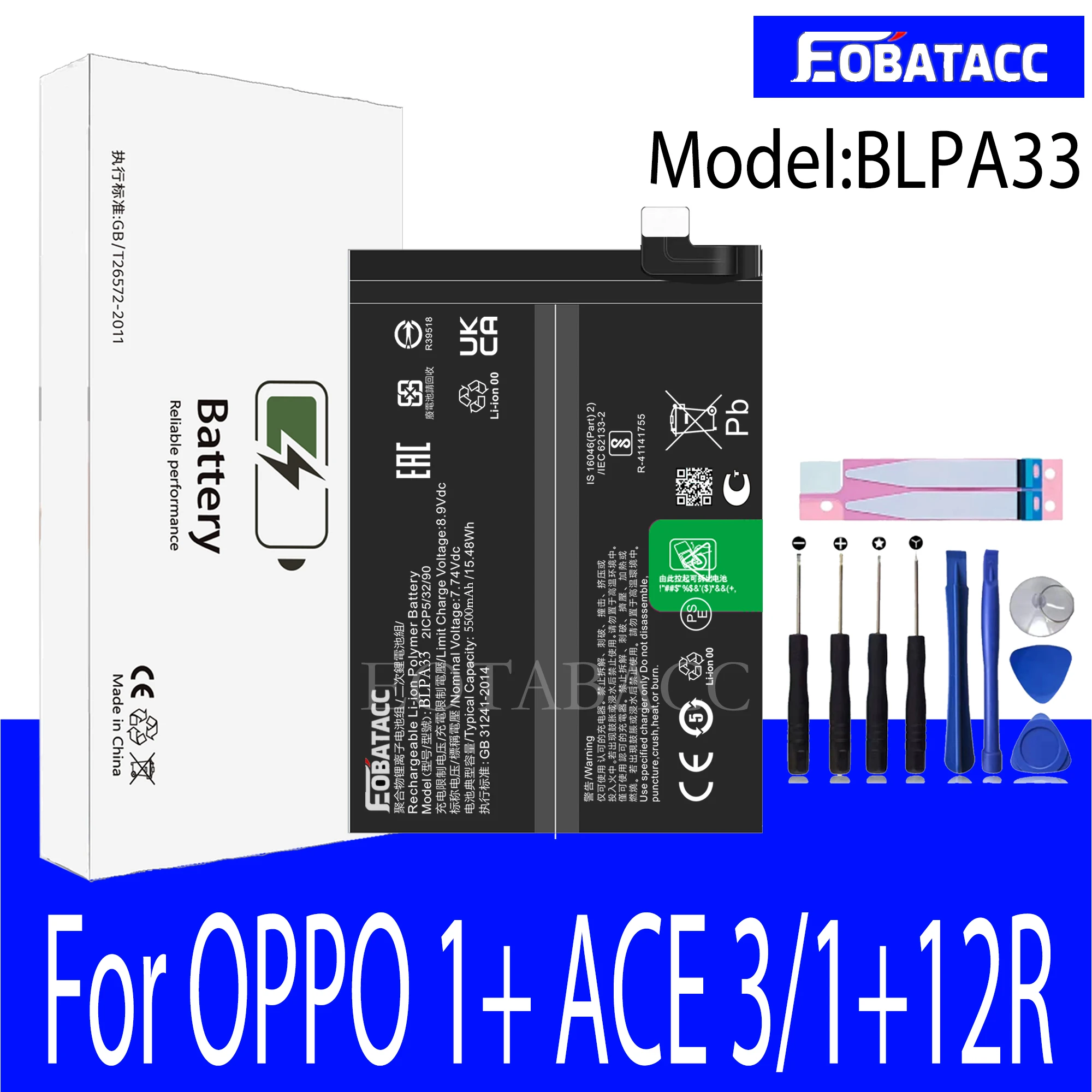 

EOTABACC 100% New Original Battery BLPA33 For OPPO 1+ ACE 3/1+12R/ONePLus 3/Oneplus 12R Battery +Tools