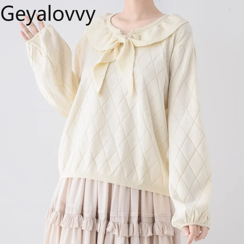 

Тонкий пуловер с матросским воротником, вязаная рубашка в стиле Лолита, милый топ для девушек, легко сочетается, с длинными рукавами-фонариками, внутренний топ