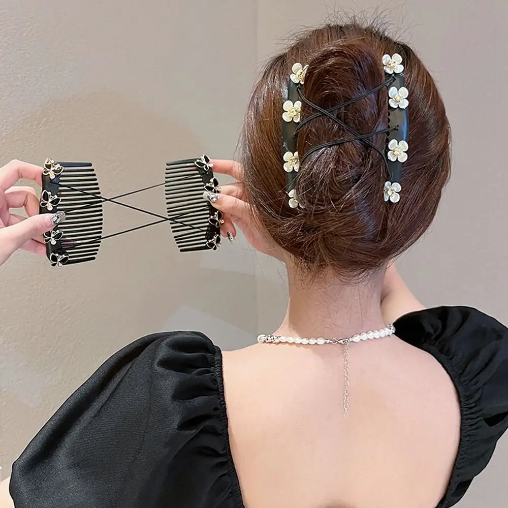 Plastic Camellia Flower Double Row Hair Comb Pearl Curve Needle Bang Clip Invisible Fixed Insert Hairpin Tiara Tools