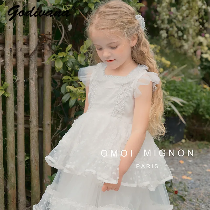 2026 Summer New French High End Elegant Pure White Sequin Bow Mesh Princess Dress Childrens Sleeveless Tulle Cake Party Dress