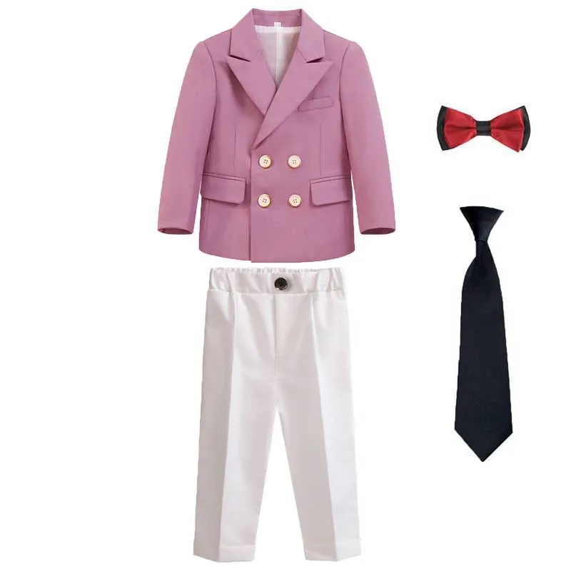 Boys Girls Pink Jacket Pants Bowtie+Tie Photography Suit Children Formal Wedding Ceremony Costume Kids Performance Party Dress