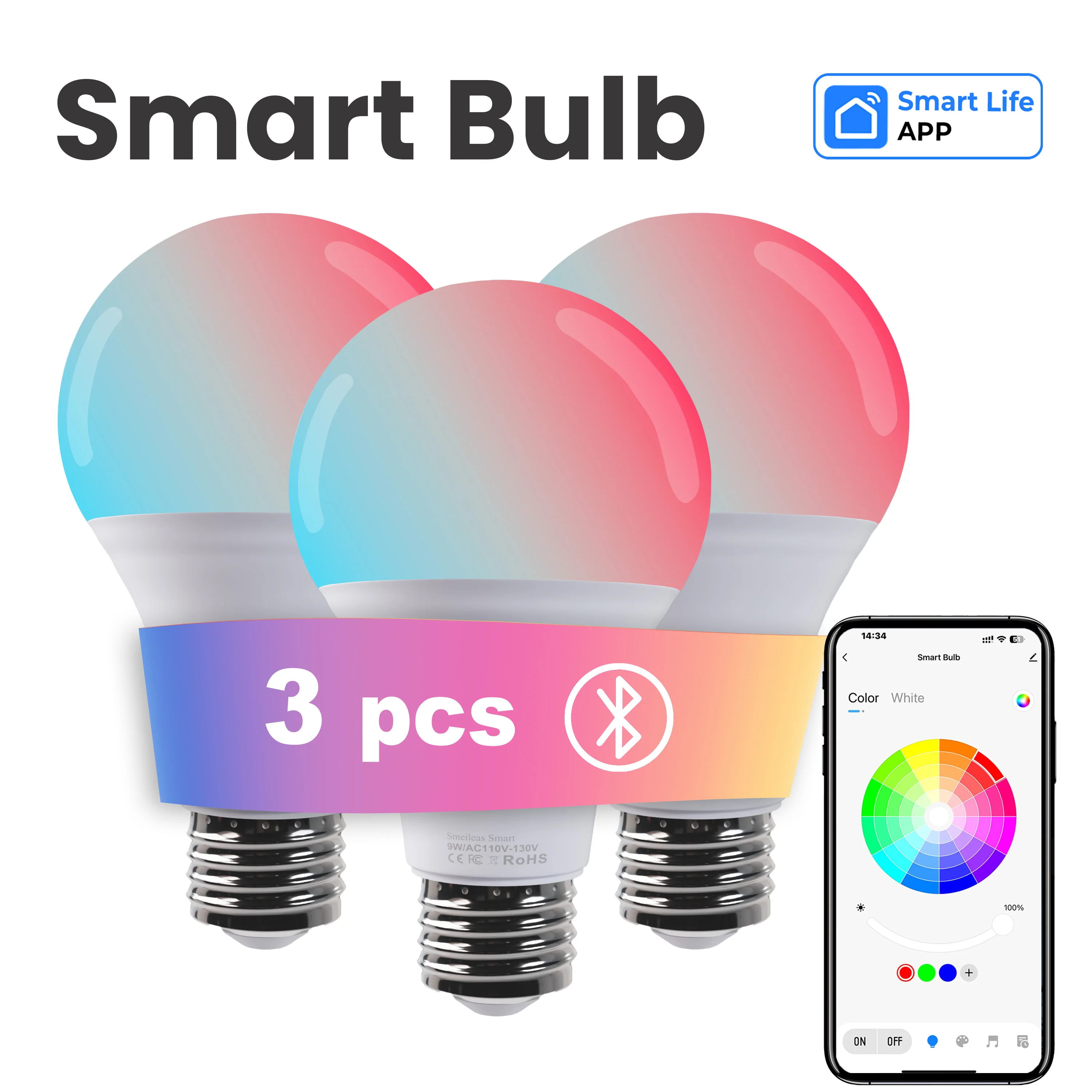 3 Pack Smart Bulbs, RGB Color Changing LED, Music Sync, Timer Function, App Control, A19 E26 60W Eq for Home Gaming Party Decor.