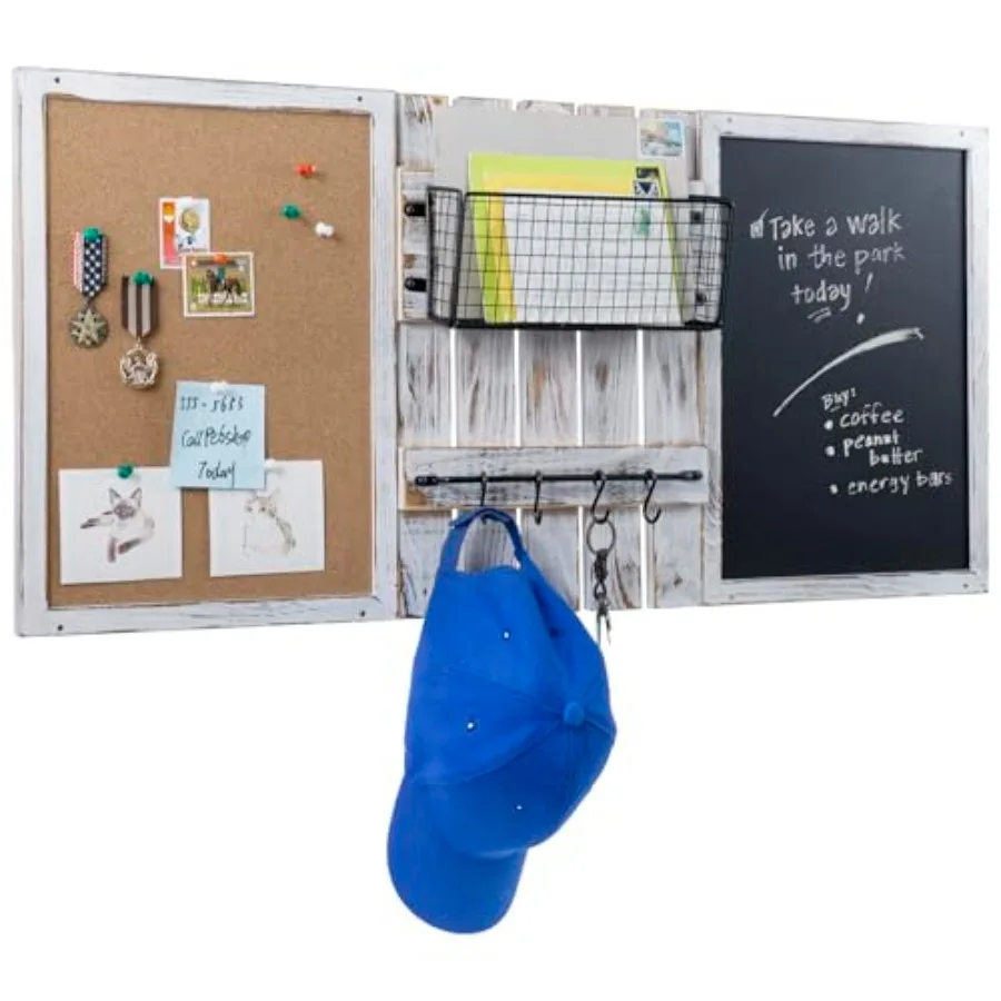 

3 Panel Wall Mounted Entryway Bulletin Board Combo Set with Shabby White Washed Solid Wood Frame, Chalkboard, Cork Board, Black