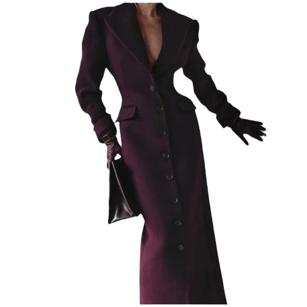 LUCYSHIHATTU New Autumn Women's Clothing Women's Woolen Coat Temperament Elegant Lapel High Waist Long Windbreaker Trench Coat