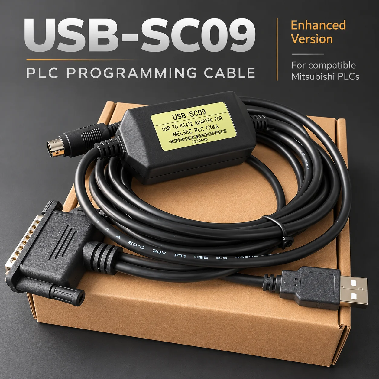 USB-SC09 PLC Programming Cable for Mitsubishi FX2N FX1N FX3U A1S Enhanced USB Download Adapter