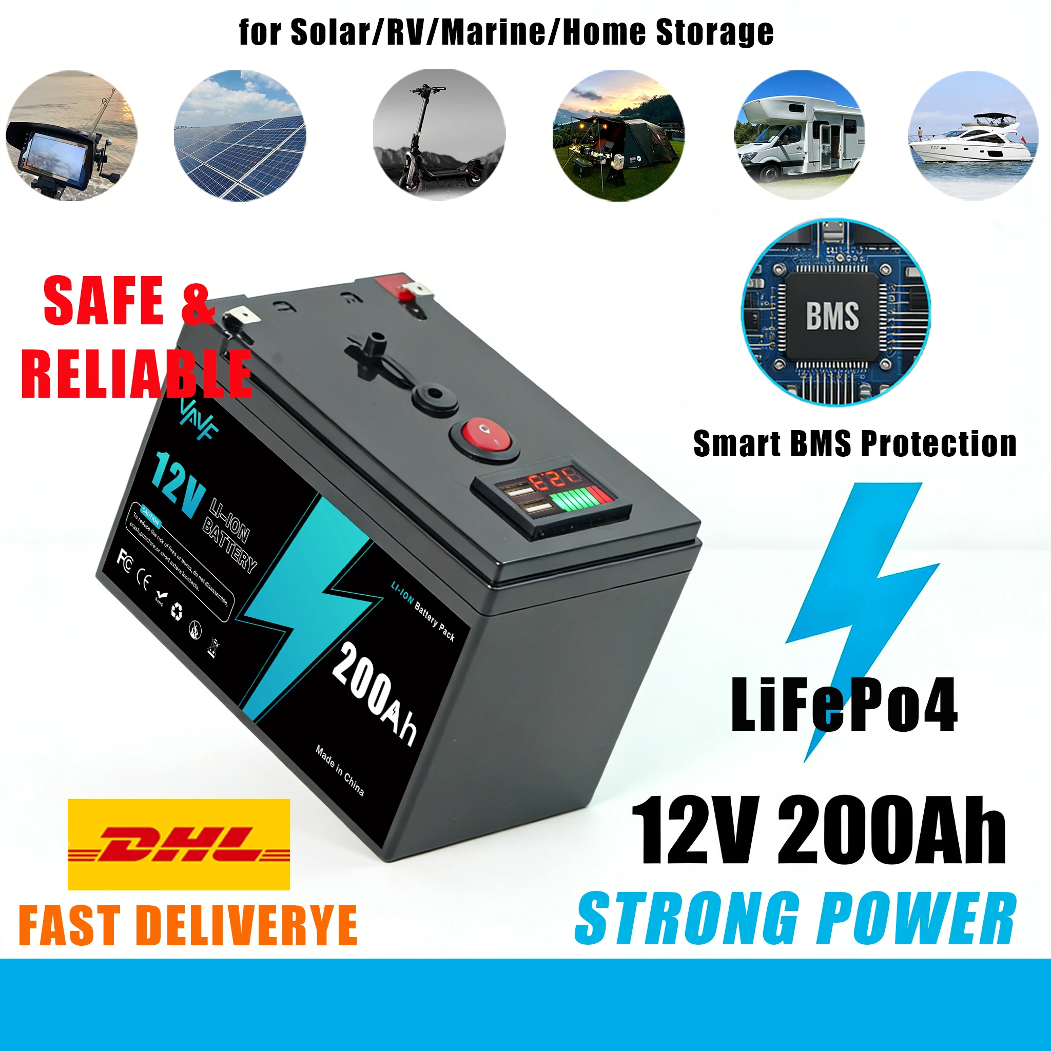 

Reliable Lithium Battery 12V 200Ah LiFePO4 Battery with Comprehensive BMS Protection for Solar Battery Van Life and Sailboats