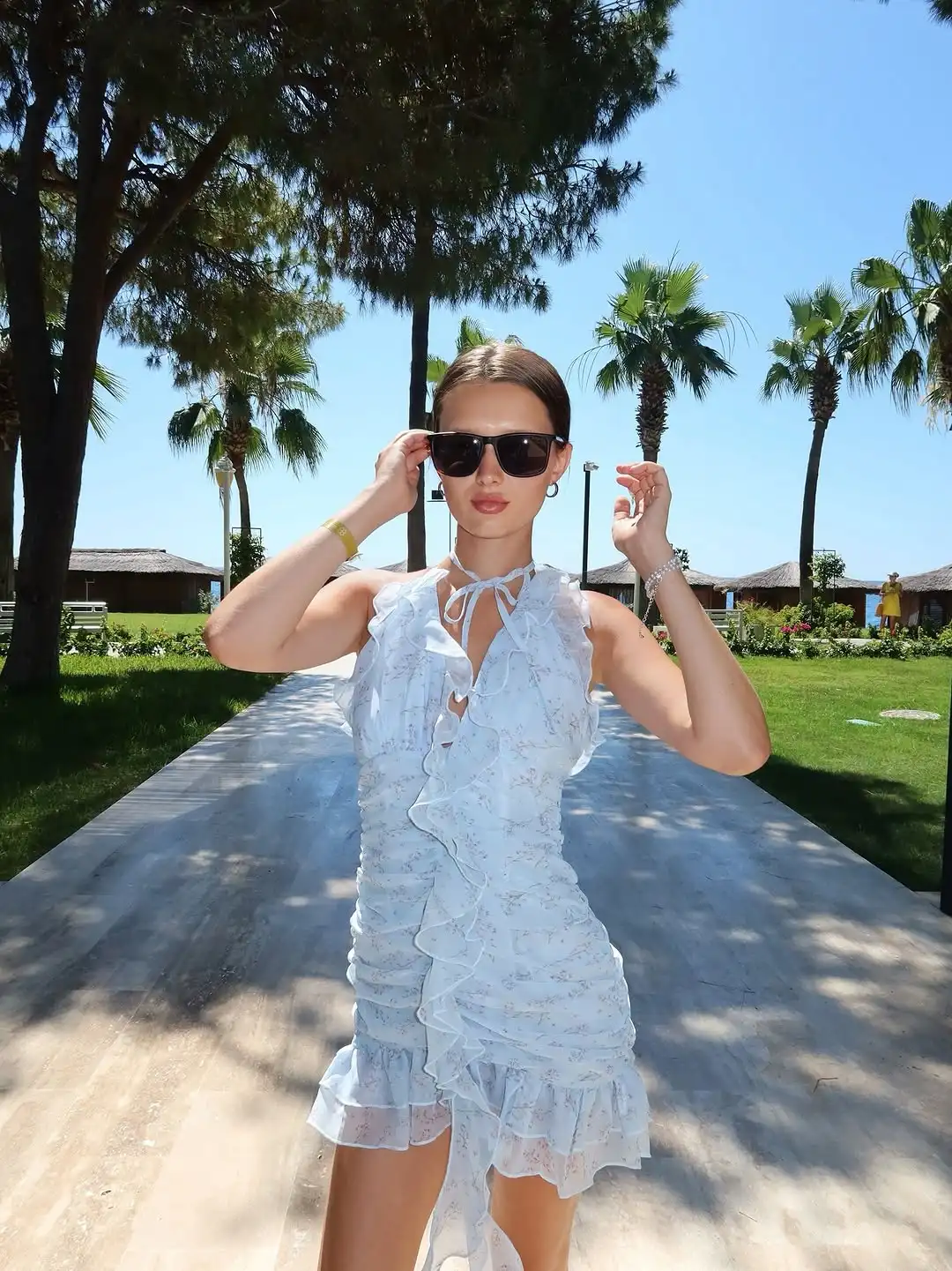 Elegant Woman Light Blue Floral Print Mini Dress Chic Y2k V-neck Sleeveless Ruffle Ruched Sheer Dresses Sexy Summer Beach Gowns