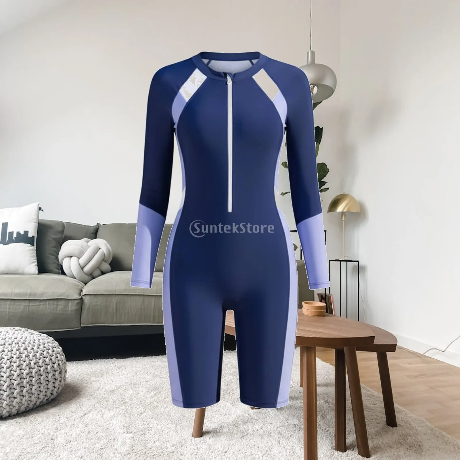 Long Sleeve Modest Swimsuit for Women Front Zipper One Piece Swimwear with Shorts Removable Chest Pads Quick Dry Surf Beach Suit