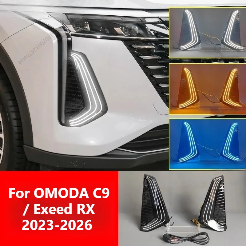 Car LED Daytime Running Light For OMODA C9/ Exeed RX 2023-2026 DRL Dynamic Turn Signal Front Fog Light Modified 12V Daylights