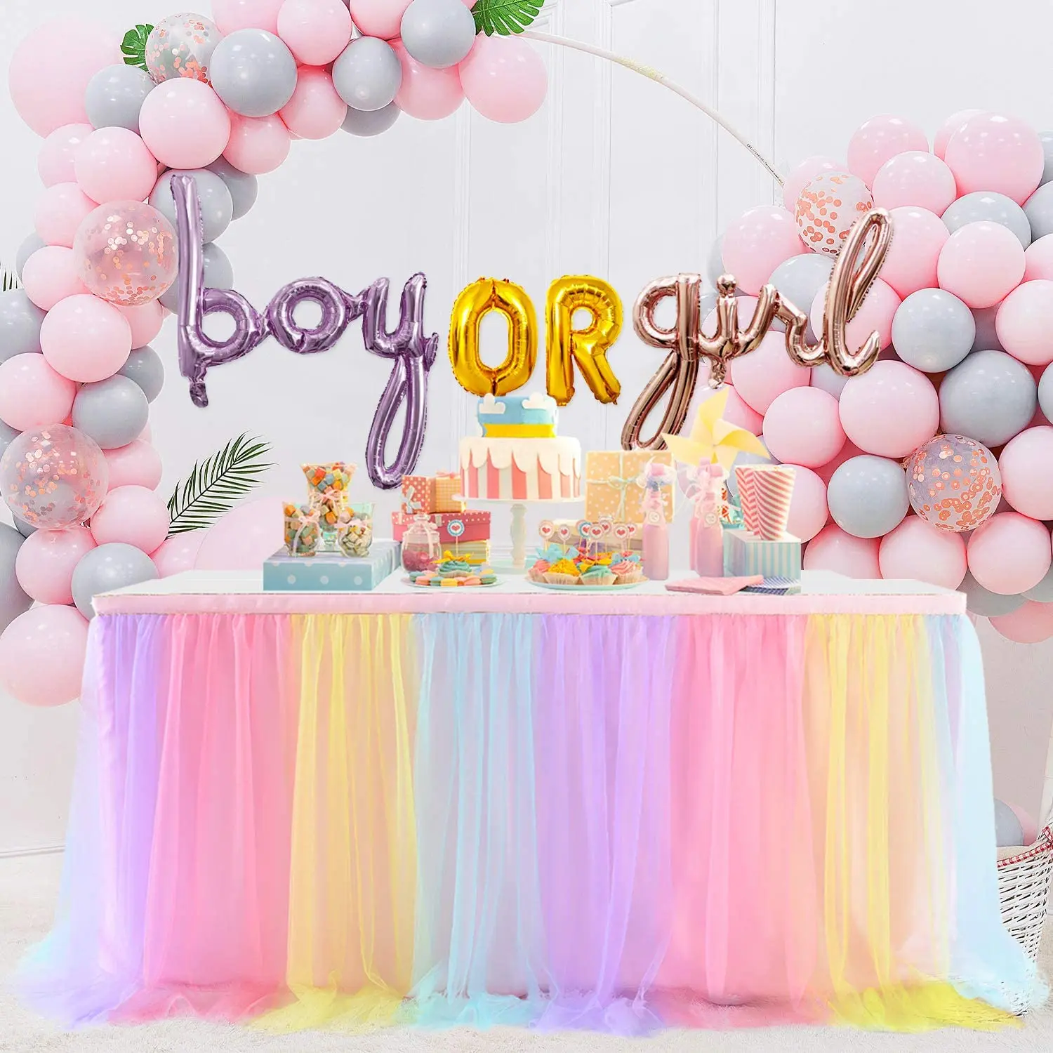 183X77CM Rainbow Tulle Table Skirt Color Table Skirting for Unicorn Theme Decoration Party Birthday Baby Shower Gender Reveal