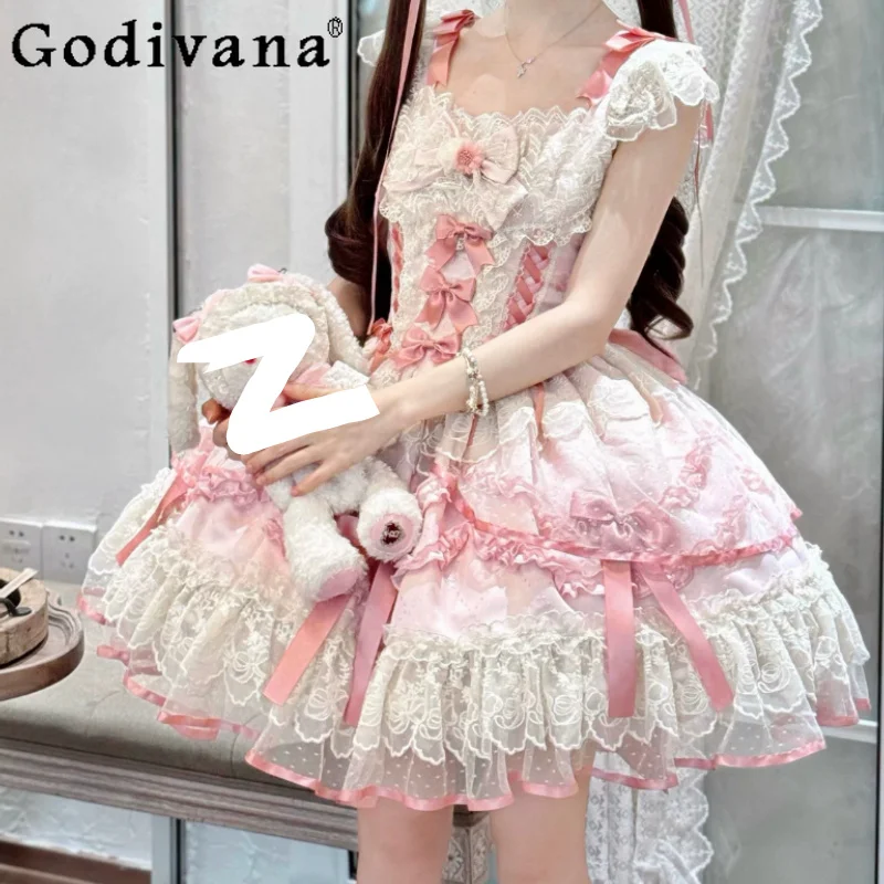 

Cute Pink Plus size Ruffles Slash Neck Lolita Fairy Dress Japanese Sweet High Waist A-line Ballet Princess JSK Slip Dresses