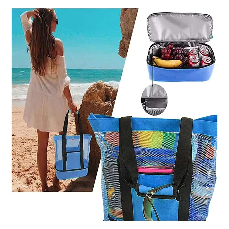 Women Mesh Travel Handbag Double-layer Picnic Beach Bag Multi-Pockets Shopping Shoulder Bags Lunch Snack Cooler Pack Woven Pouch