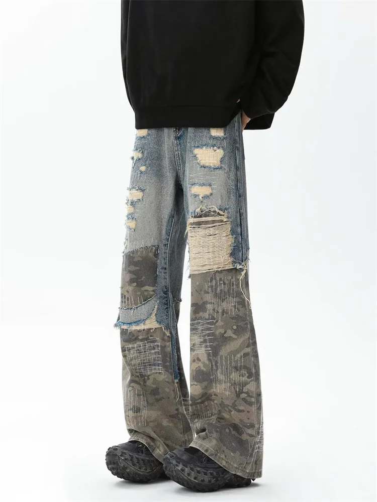 

Men's Camouflage Patchwork Hole Denim Jeans American Sle Heavy Wa Loose Wide Leg High Street Long Trousers