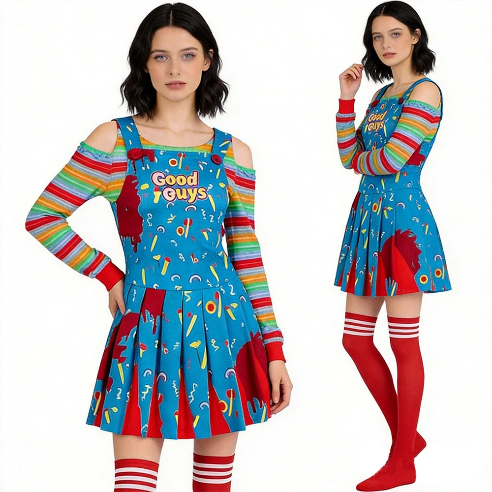 

Scary Doll Cosplay Dress Women Horror Doll Halloween Themed Costume Dress Rainbow Stripe Off Shoulder Top Suspender Skirt Socks