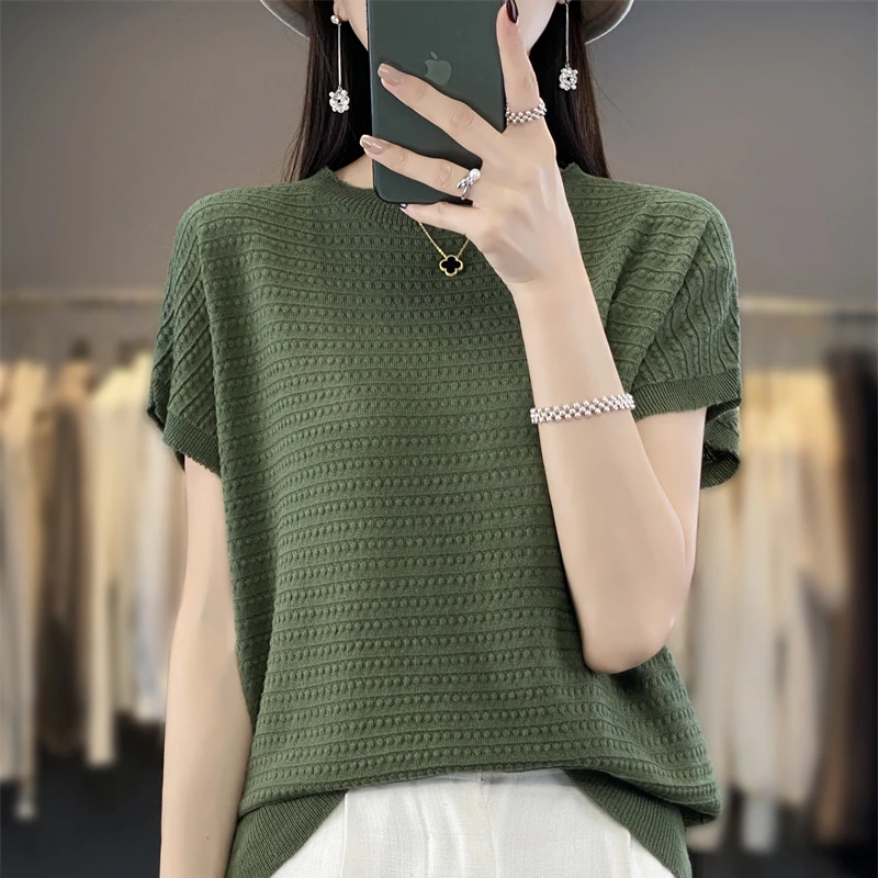 100 Percent Cotton Summer New Knitted Bat Shirt Loose Tshirt First Line High End Design Short Sleeves Blouse Top Women's t-shirt