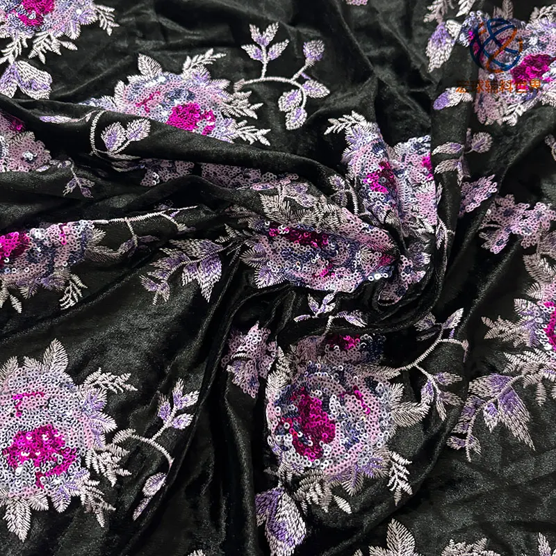 Sequin Embroidered Velvet Fabric Black Purple Exquisite Floral Premium Soft Drapey for Evening Dress DIY Sewing Accessories