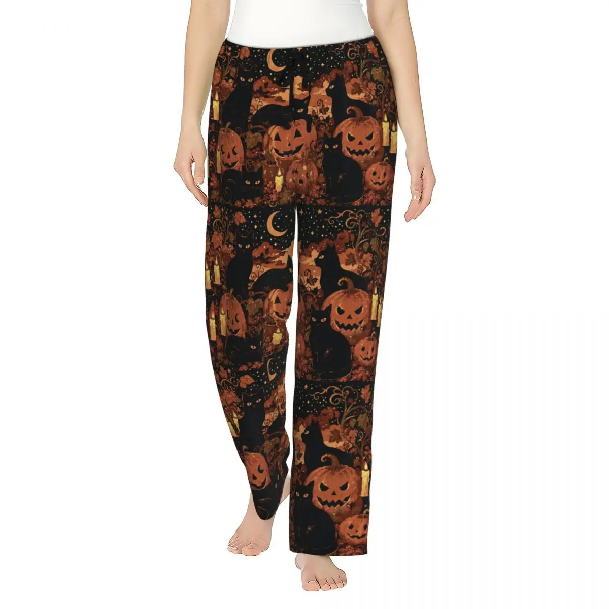 Halloween Black Cats Women's Lounge Pants Loose Fit Autumn Pumpkin Pajama Pants Home Pajama Bottoms