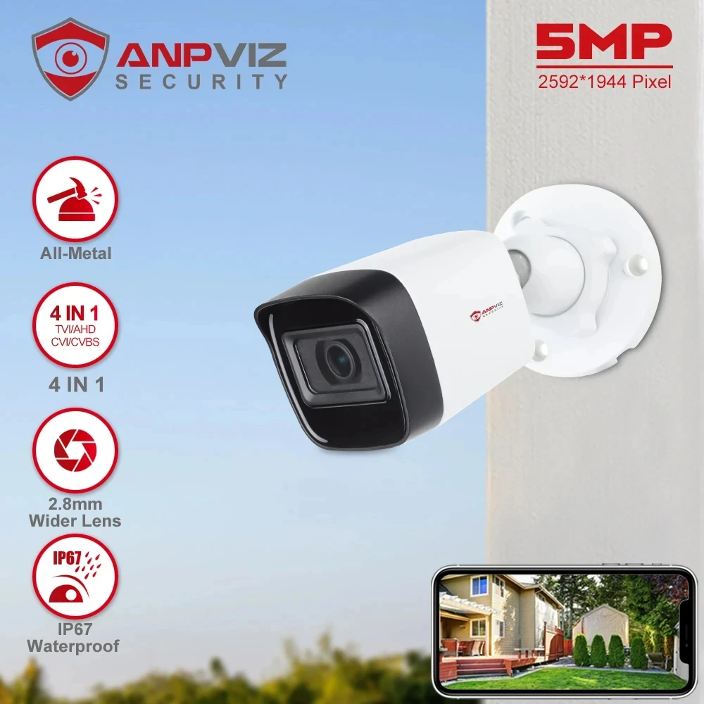 

Anpviz 5MP Analog CCTV Camera 4-in-1 (TVI/AHD/CVI/CVBS) TVI Bullet Surveillance Camera Metal Housing IP67 Waterproof 2.8mm Lens