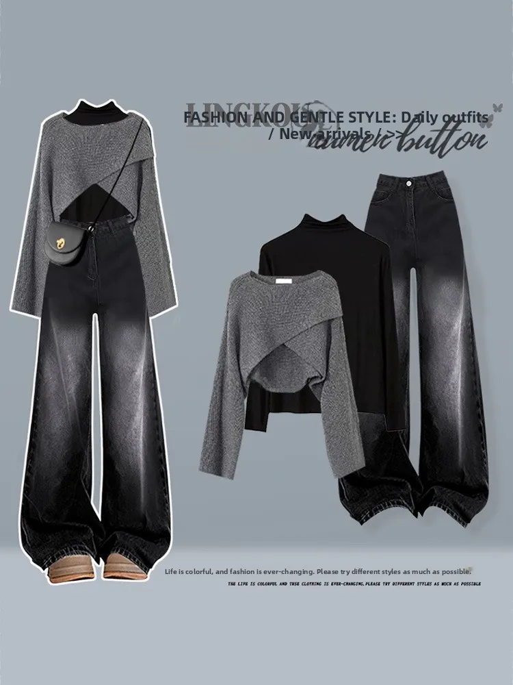 

Fall Winter Women's Short Knitted Sweater And Slim Jeans Three-Piece Set Large Size Anti-Aging Base Shirt High Waist Jeans