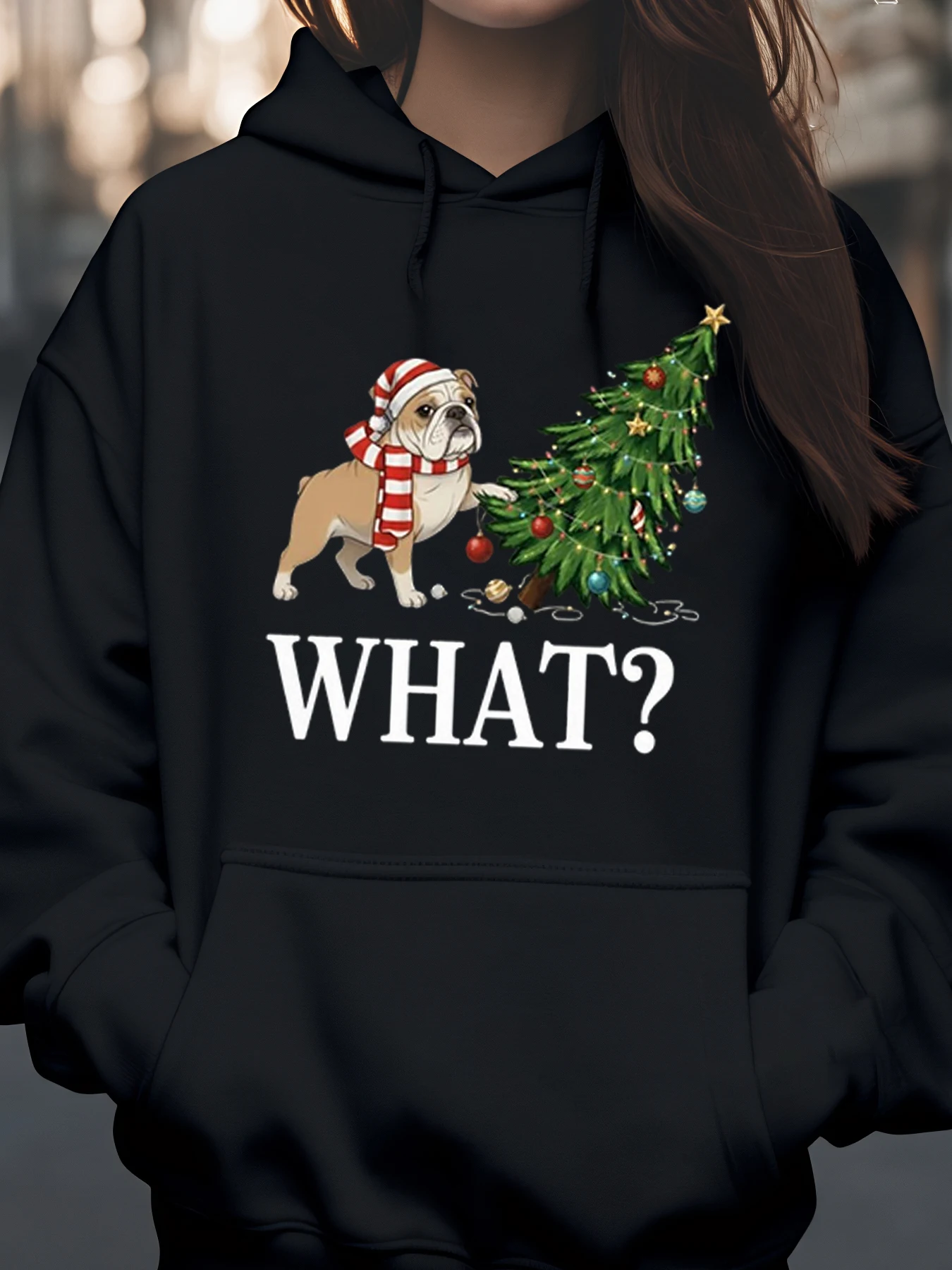 Bulldog Christmas Tree What Hoodie Holiday Casual Wear Women Men