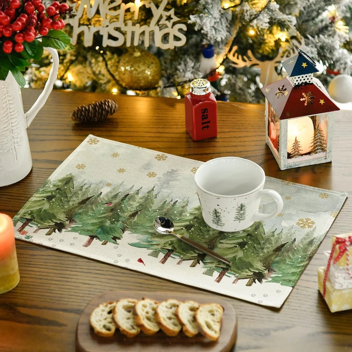 عيد الميلاد الثلج أشجار عيد الميلاد الكتان المفارش مجموعة ديكور للطاولات الشتاء عيد الميلاد عطلة الجدول الحصير للمطبخ الطعام عيد الميلاد ديكور #3