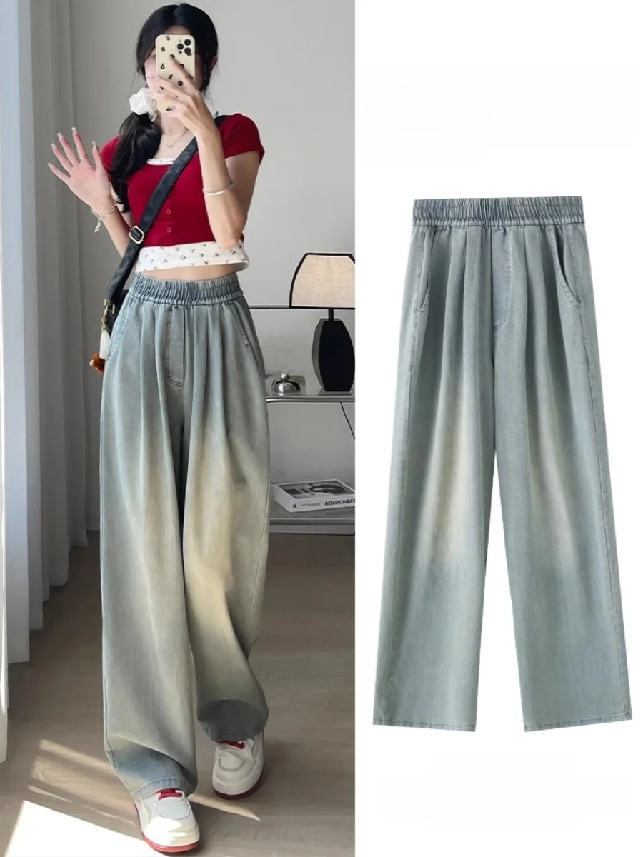 กางเกงยีนส์ผ้าไหมสีน้ำเงินเอวสูงทรงหลวมขาตรงสำหรับผู้หญิงฤดูร้อนรุ่นใหม่ไซส์ใหญ่ ทรงหลวมขากว้าง ช่วยให้ดูผอม