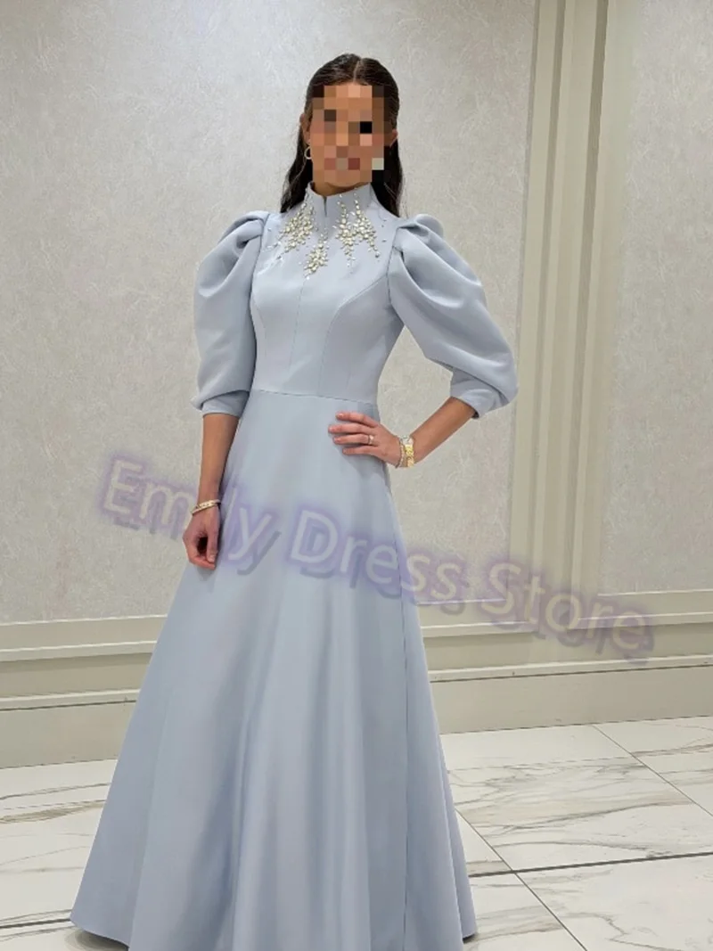 

Customized Blue Satin Evening Dress Women Satin Floor Length 3/4 Sleeves Bridal Formal Long Ball Gowns Trend Pageant Dress