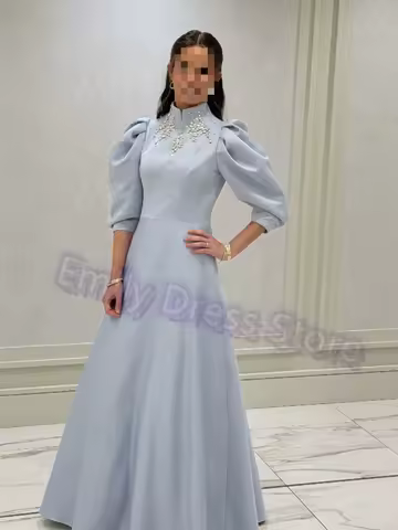 Customized Blue Satin Evening Dress Women Satin Floor Length 3/4 Sleeves Bridal Formal Long Ball Gowns Trend Pageant Dress